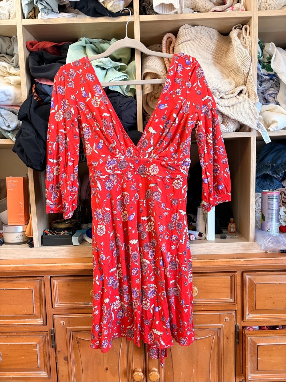 Free People Red Floral Backless V-Neck Dress